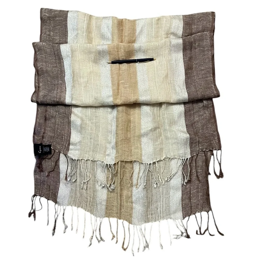 CEJON linen blend metallic striped scarf with fringe